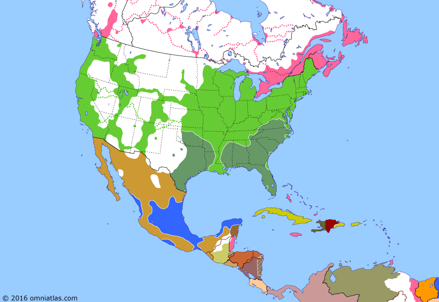 Political map of North America & the Caribbean on 12 Jun 1864 (American Civil War: Second Mexican Empire), showing the following events: All Union armies placed under Grant; Maximilian accepts Mexican throne; Atlanta Campaign; Grant’s Overland Campaign; Montana Territory; Maximilian enters Mexico City.