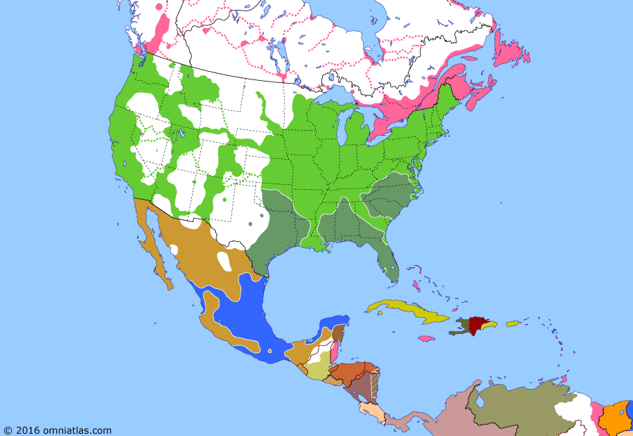 Political map of North America & the Caribbean on 21 Dec 1864 (American Civil War: Sherman's March to the Sea), showing the following events: Siege of Petersburg begins; Atlanta Campaign; French capture Monterrey; Nevada becomes US state; Sherman’s March to the Sea; First Battle of Adobe Walls; Sand Creek massacre; Battle of Nashville.