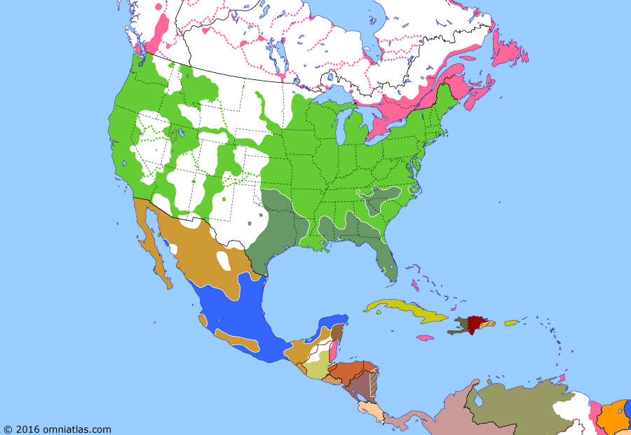 Political map of North America & the Caribbean on 09 Apr 1865 (American Civil War: Surrender of Army of Northern Virginia), showing the following events: Carolinas Campaign; Spain accepts Dominican independence; Confederates abandon Richmond; Surrender of Robert E Lee.