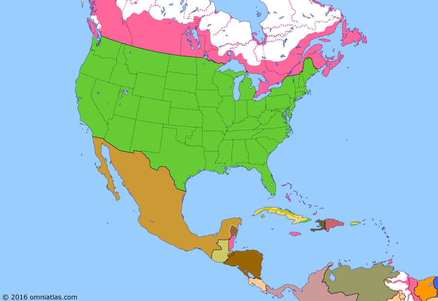 Political map of North America & the Caribbean on 11 Aug 1898 (American Empire: Spanish-American War), showing the following events: Utah becomes US state; Greater Central America; Isla de la Pasión; Sinking of USS Maine; US blockades Cuba; Battle of Manila Bay; Battle of Guantanamo Bay; US lands in Puerto Rico.