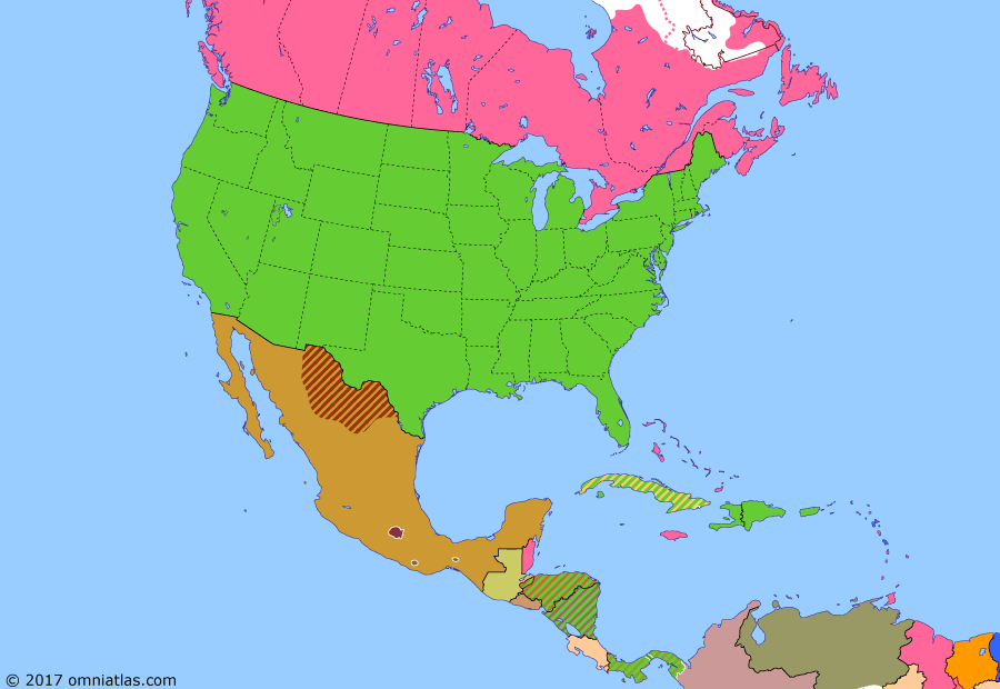 Political map of North America & the Caribbean on 06 Apr 1917 (American Empire: United States Enters the Great War), showing the following events: US occupation of the Dominican Republic; Treaty of the Danish West Indies; Germany announces resumption of unrestricted submarine warfare; Zimmermann Telegram; February Revolution; US declaration of war on Germany.