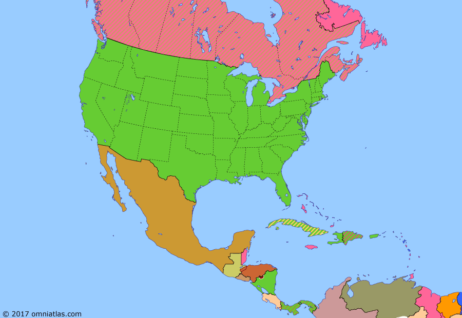 Political map of North America & the Caribbean on 29 Oct 1929 (American Empire: Wall Street Crash), showing the following events: End of Sugar Intervention; Halibut Treaty; De la Huerta’s uprising; US withdraws from Dominican Republic; Hay-Quesada Treaty; US intervention in Nicaragua; Labrador settlement; Kellogg-Briand Pact; Wall Street Crash.