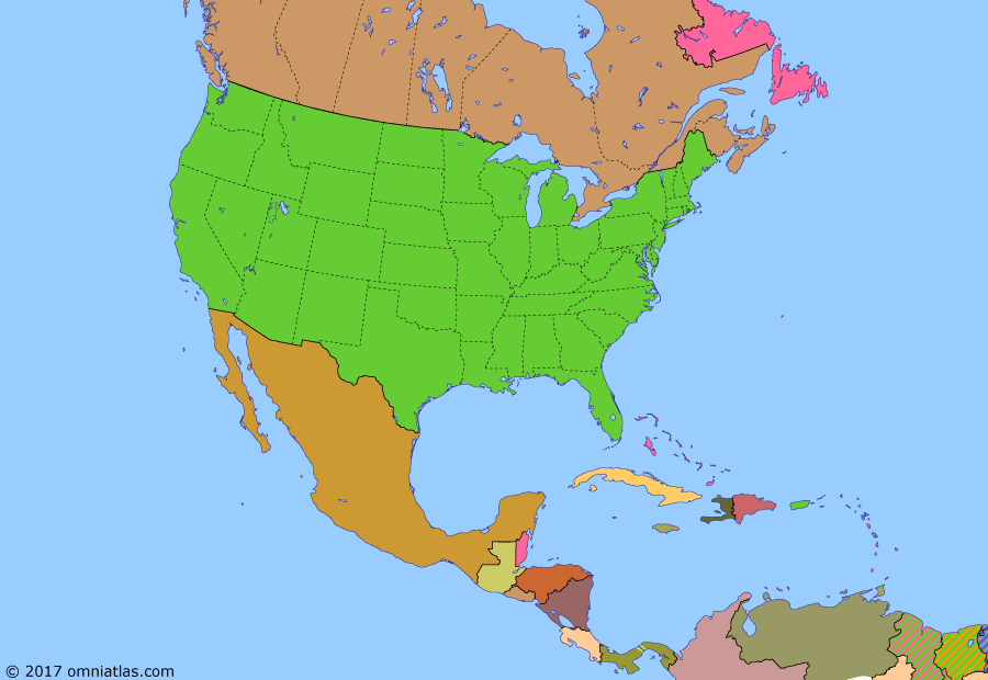 Political map of North America & the Caribbean on 07 Dec 1941 (American Superpower: Attack on Pearl Harbor), showing the following events: Greenland Protectorate; Pan-American Security Zone extension; Operation Barbarossa; US occupation of Iceland; Freezing of Japanese assets; Atlantic Charter; U.S. occupation of Surinam; Attack on Pearl Harbor.