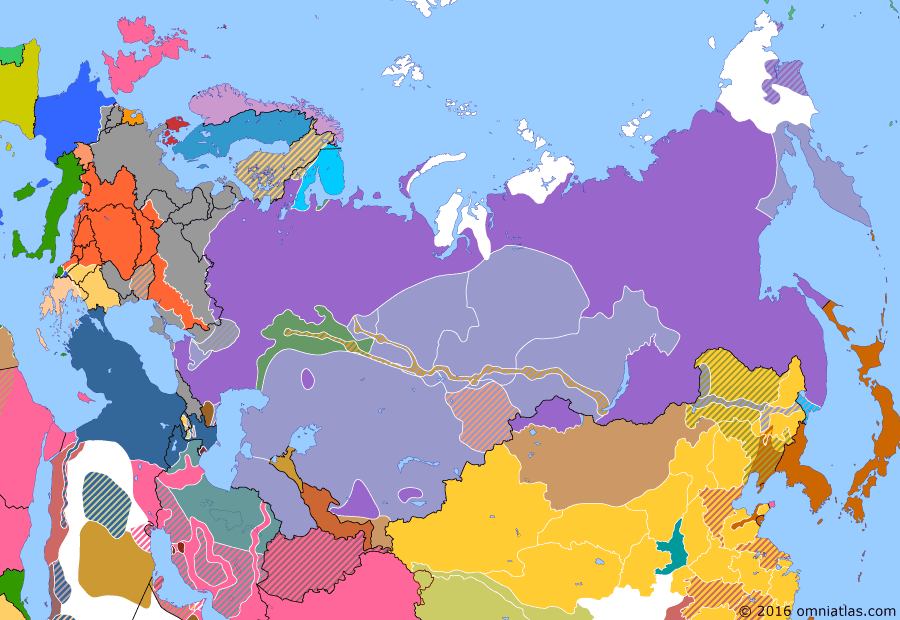 Political map of Russia & the former Soviet Union on 31 Jul 1918 (The Russian Civil War: The White Phase: Civil War and the Execution of the Tsar), showing the following events: Seizure of Trans-Siberian Railway; Lenin orders authorities in Murmansk to resist further Allied landings; Prov. Gov. of Vladivostok; Left Social Revolutionary Party uprising against Bolsheviks; Russian Imperial family executed in Yekaterinburg.
