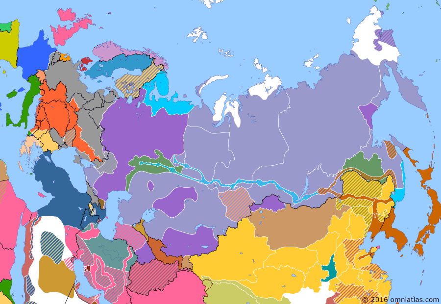 Political map of Russia & the former Soviet Union on 01 Sep 1918 (The Russian Civil War: The White Phase: Allied Intervention in Russia), showing the following events: Malleson mission; Archangel landing; Seizure of Chinese Eastern Railway; Vladivostok landing; Czechoslovak columns join up at Chita after clearing the south Baikal tunnel.