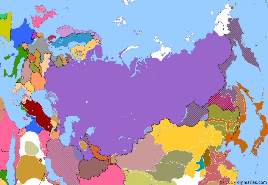 Political map of Russia & the former Soviet Union on 12 Aug 1920 (Russian Civil War: The White Phase: Battle of Warsaw), showing the following events: Occupation of northern Sakhalin; Outbreak of Zhili-Anhui War; Soviet Russia recognizes Lithuanian independence; Latvian-Soviet Peace Treaty; Battle of Warsaw.