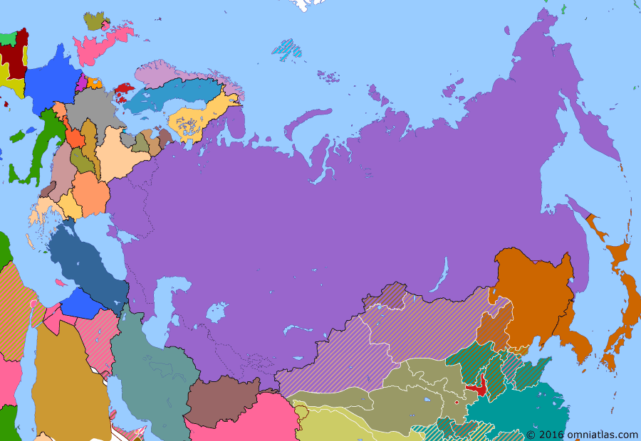 Political map of Russia & the former Soviet Union on 25 Nov 1936 (The Soviet Union under Stalin: Anti-Comintern Pact), showing the following events: Soviet famine results in millions of deaths, particularly in Ukraine and Volga region; Chancellor Adolf Hitler; Soviet invasion of Xinjiang; Great Purge; Spanish Civil War starts; Anti-Comintern Pact.