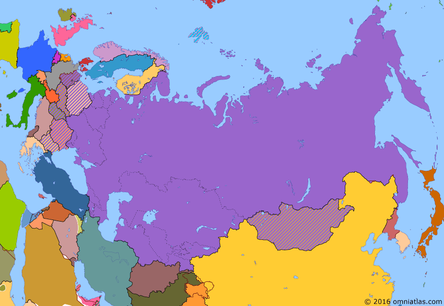 Political map of Russia & the former Soviet Union on 17 Nov 1969 (Soviet Superpower: Sino-Soviet Border Conflict), showing the following events: French withdrawal from NATO; Warsaw Pact invasion of Czechoslovakia; Sino-Soviet border conflict; First humans land on moon; SALT I.