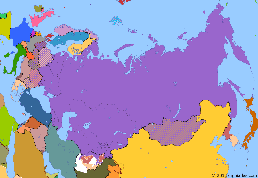Political map of Russia & the former Soviet Union on 24 May 1985 (Soviet Superpower: Soviet War in Afghanistan), showing the following events: Iranian Revolution; Soviet invasion of Afghanistan; Solidarity movement in Poland; Iraqi invasion of Iran; Mikhail Gorbachev.