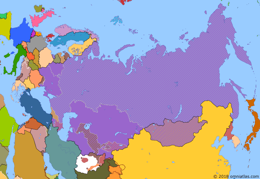 Political map of Russia & the former Soviet Union on 06 Sep 1991 (Successors of the Soviet Union: Baltic Indepedence), showing the following events: Estonian Independence; Latvian Independence; Independence of Moldova; Independence of Azerbaijan; Independence of Kyrgyzstan; Independence of Uzbekistan; Baltic Independence.