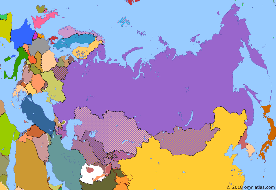 Political map of Russia & the former Soviet Union on 25 Dec 1991 (Successors of the Soviet Union: Dissolution of the Soviet Union), showing the following events: Independence of Kazakhstan; Alma-Ata Protocol; Georgian Civil War; Dissolution of the Soviet Union.