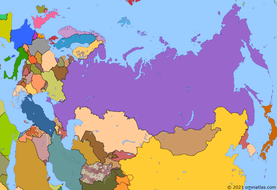 Political map of Russia & the former Soviet Union on 15 Jan 2021 (Successors of the Soviet Union: Northern Eurasia Today), showing the following events: Kerch Strait incident; Trump’s withdrawal from Syria; Iran–US confrontation; Operation Peace Spring; COVID-19 in Northern Eurasia; Second Nagorno-Karabakh War.