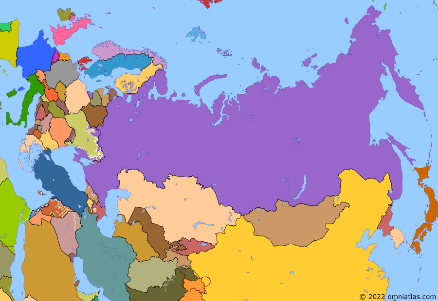 Political map of Russia & the former Soviet Union on 22 Mar 2022 (Successors of the Soviet Union: Russian invasion of Ukraine), showing the following events: Kerch Strait incident; Trump’s withdrawal from Syria; Iran–US confrontation; Operation Peace Spring; COVID-19 in Northern Eurasia; Second Nagorno-Karabakh War; Taliban Summer Offensive; Russian invasion of Ukraine; Battle of Kyiv.