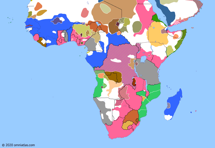 Political map of Sub-Saharan Africa on 17 Jul 1899 (The Scramble for Africa: Voulet–Chanoine and Rabih), showing the following events: Voulet–Chanoine Mission; Anglo-Egyptian Sudan; Anglo-French Convention on Sudan; Bloemfontein Conference; Battle of Togbao.