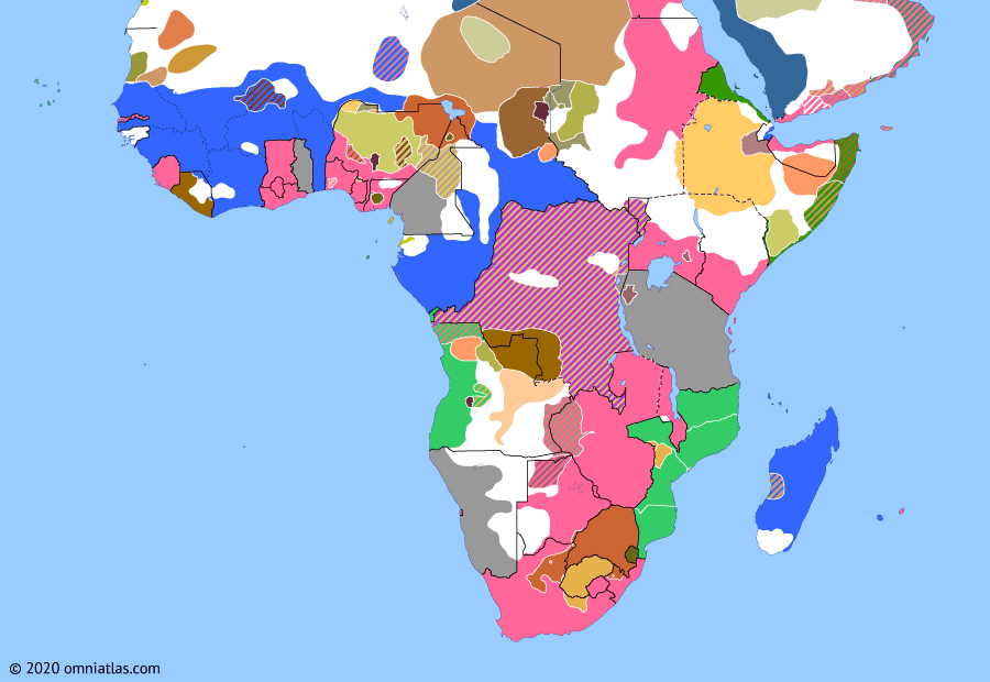 Political map of Sub-Saharan Africa on 17 Dec 1899 (The Scramble for Africa: Second Boer War), showing the following events: Dervish State; Boer invasion of Cape Colony; Boer invasion of Natal; Battle of Umm Diwaykarat; Tripartite Convention in Africa.