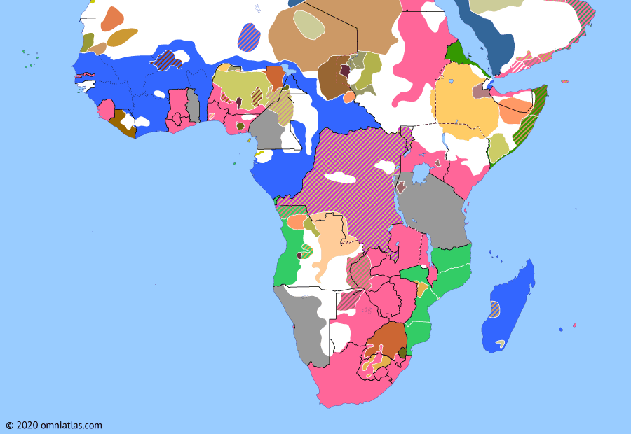 Political map of Sub-Saharan Africa on 05 Jun 1900 (The Scramble for Africa: Invasion of the Boer Republics), showing the following events: Reliefs of Ladysmith and Mafeking; Conquest of Orange Free State; Battle of Kousséri; Conquest of Transvaal.
