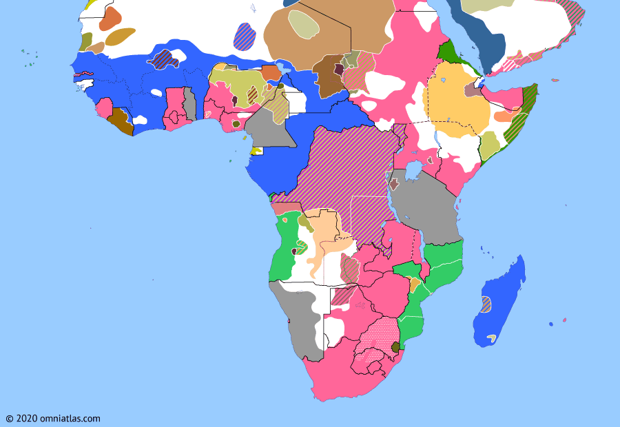 Political map of Sub-Saharan Africa on 23 Aug 1901 (The Scramble for Africa: Lake Chad Rendezvous), showing the following events: French Chad; Guerrilla Phase of Boer War; First Dervish Expedition; France against Fadl-Allah.