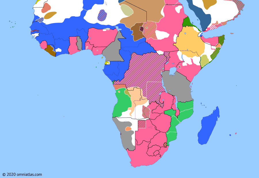 Political map of Sub-Saharan Africa on 11 Jun 1904 (The Scramble for Africa: Herero Wars), showing the following events: Reorganization of French Congo; Herero Revolt; Entente Cordiale.