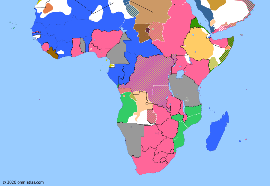 Political map of Sub-Saharan Africa on 06 Dec 1907 (The Scramble for Africa: Consolidation of Ethiopia), showing the following events: Ottoman intervention in Tibesti; End of Lagos Colony; Tripartite Agreement on Abyssinia; Anglo-Ethiopian Delimitation Treaty.