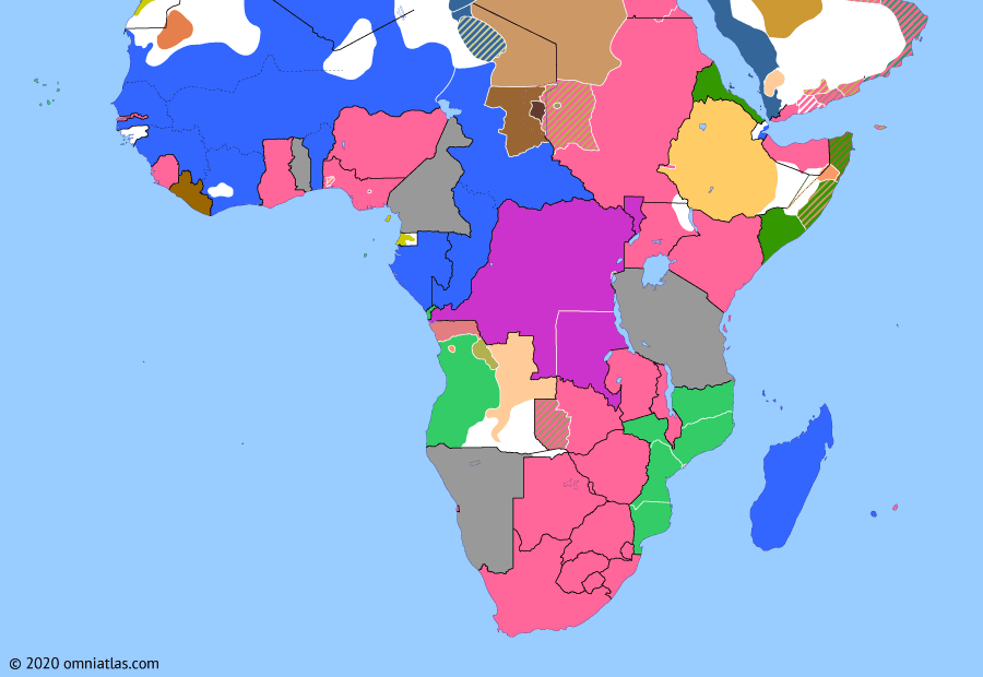 Political map of Sub-Saharan Africa on 15 Nov 1908 (The Scramble for Africa: Belgian Congo), showing the following events: Ouaddai War; Italo-Ethiopian Convention; Belgian Congo.