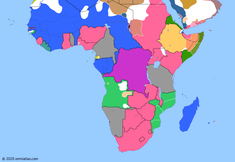 Political map of Sub-Saharan Africa on 14 Mar 1913 (The Scramble for Africa: French invasion of the Tibesti), showing the following events: Liberian Loan Agreement; Treaty of Fez; Ottoman evacuation of Tibesti; Treaty of Ouchy; French invasion of the Tibesti.