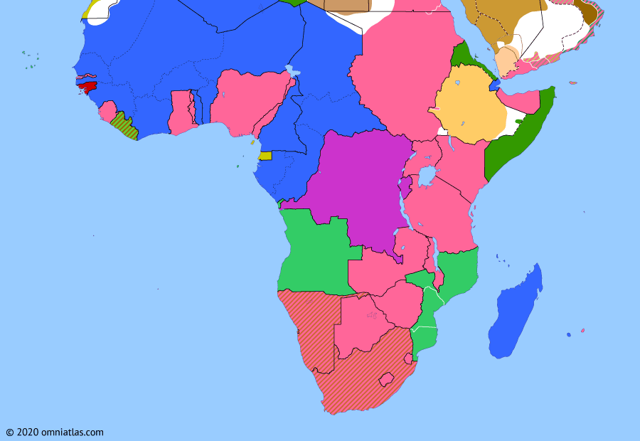 Political map of Sub-Saharan Africa on 17 Apr 1931 (Africa between the World Wars: Africa during the Great Depression), showing the following events: Wall Street Crash; Liberian Slavery Scandal; Madeira Uprising.