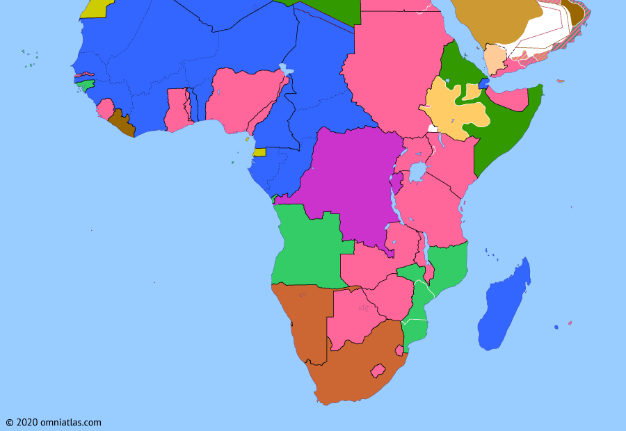 Political map of Sub-Saharan Africa on 09 May 1936 (Africa between the World Wars: Second Italo-Ethiopian War), showing the following events: Hamza Line; Outbreak of Second Italo-Ethiopian War; March of the Iron Will; Italian annexation of Ethiopia.