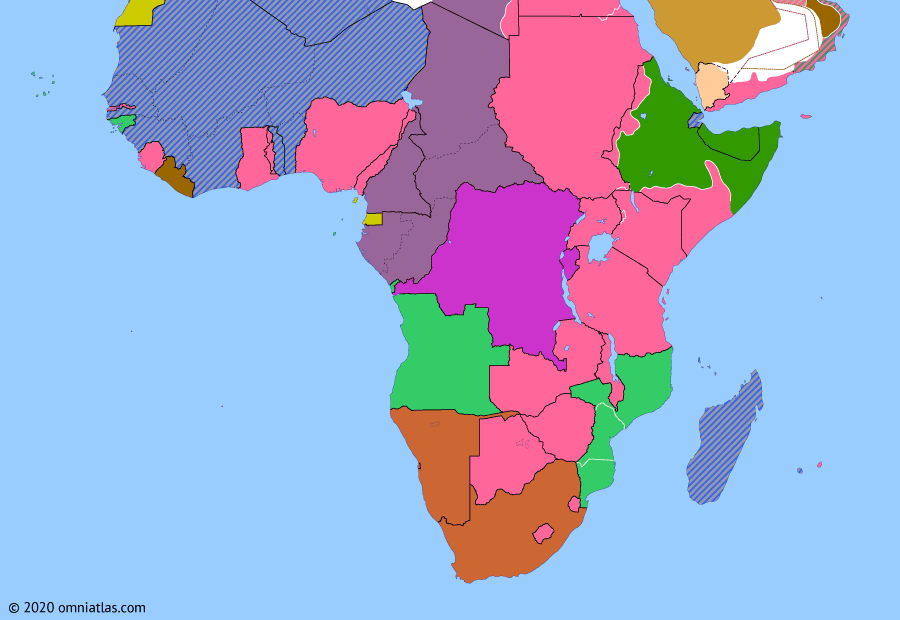 Political map of Sub-Saharan Africa on 01 Mar 1941 (World War II in Africa: East African Campaign), showing the following events: Operation Compass; British conquest of Eritrea; British invasion of Ethiopia; Operation Canvas; Capture of Kufra.