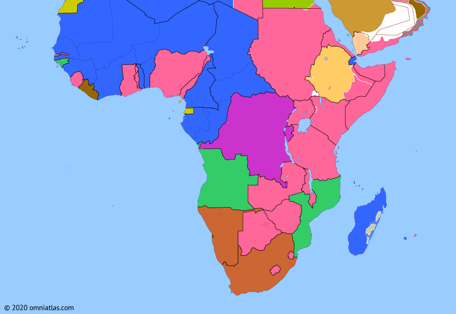 Political map of Sub-Saharan Africa on 30 Apr 1947 (Wind of Change: Malagasy Uprising), showing the following events: Syrian Independence; United Nations Trust Territories; French Union; South African rule in SW Africa; Outbreak of First Indochina War; Malagasy Uprising.