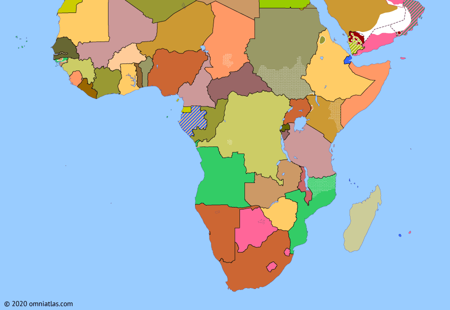 Political map of Sub-Saharan Africa on 11 Nov 1965 (Africa and the Cold War: Rhodesia Crisis), showing the following events: Mozambican Independence War begins; Zambian Independence; Operation Dragon Rouge; Independence of the Gambia; Outbreak of Chadian Civil War; Rhodesia Crisis.