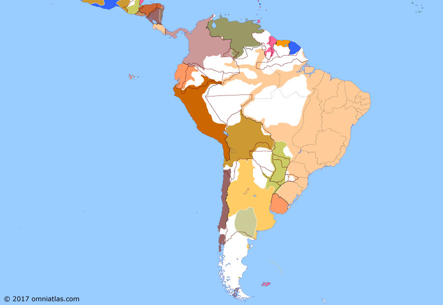 Political map of South American nations on 05 Aug 1865 (South America at War: Paraguayan Offensives), showing the following events: Mato Grosso Campaign; Vivanco-Pareja Treaty; Paraguay at war with Argentina; Invasion of Corrientes; Treaty of the Triple Alliance; Johnson’s May 9 Declaration; Battle of the Riachuelo.