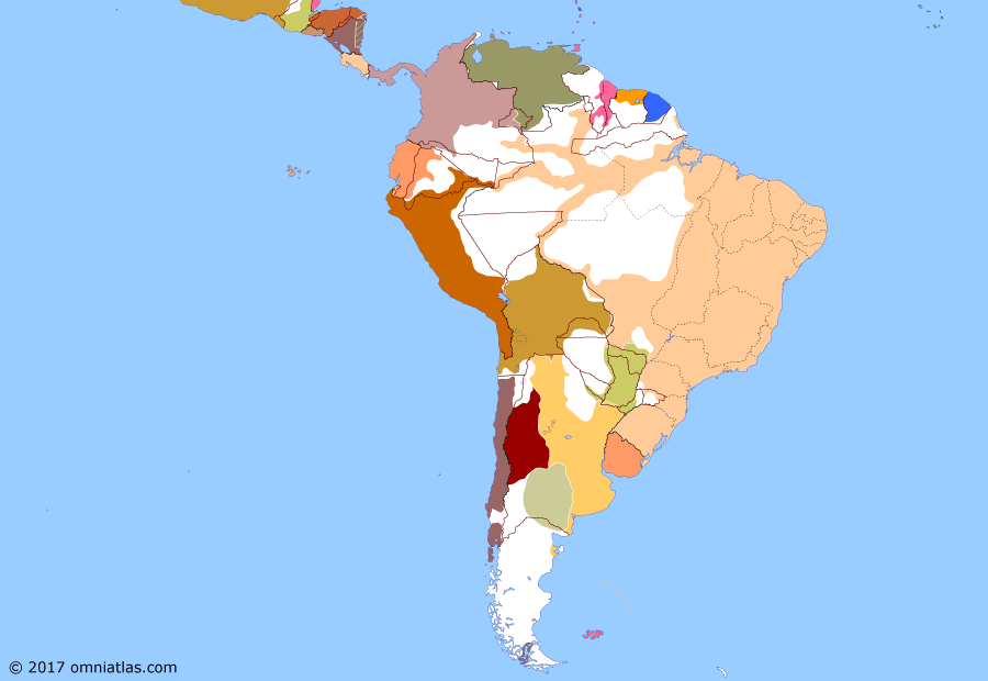 Political map of South American nations on 04 Mar 1867 (South America at War: Invasion of Paraguay), showing the following events: Bombardment of Valparaiso; Paraná Crossing; Battle of Callao; End of Chincha Islands War; Battle of Tuyutí; French withdrawal from Mexico; Mutual Benefits Treaty; Battle of Curupaytí; Colorados Revolution.
