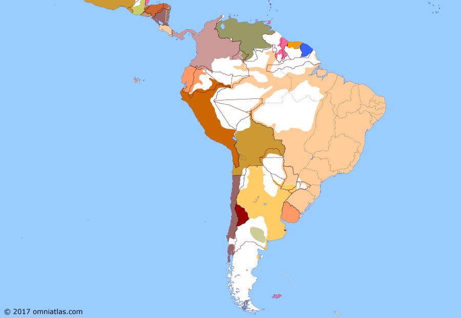 Political map of South American nations on 02 Nov 1874 (South America at War: Argentine Civil Wars), showing the following events: Loizaga–Cotegipe Treaty; Calfucurá’s Great Raid; Treaty of Defensive Alliance; Second Jordanist Rebellion; Treaty of Sucre; Revolution of 1874.