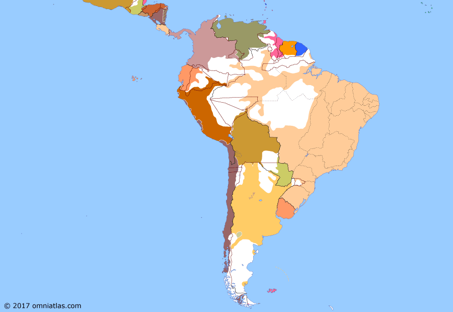 Political map of South American nations on 23 Jul 1881 (Rise of the Southern Cone: Partition of Patagonia), showing the following events: Pisco-Curayaco landings; Fall of Lima; Calderón’s government; Boundary Treaty of 1881.