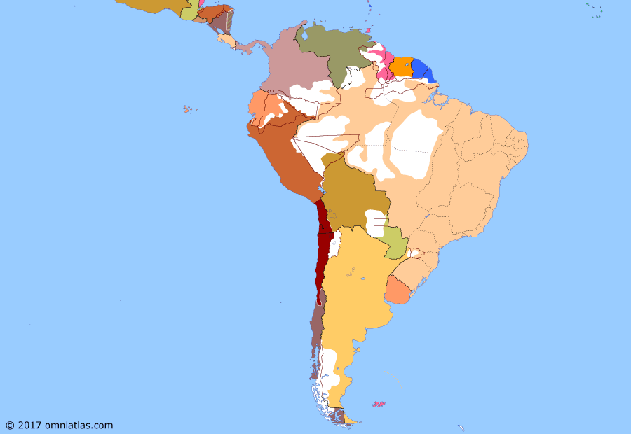 Political map of South American nations on 28 Aug 1891 (Rise of the Southern Cone: Second Chilean Civil War), showing the following events: Revolution of the Park; Second Chilean Civil War; Spanish Arbitral Award.