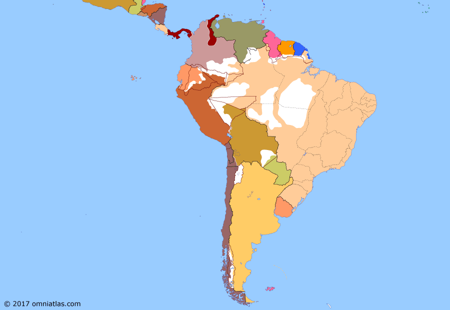 Political map of South American nations on 23 May 1900 (Border disputes and the Powers: Thousand Days' War), showing the following events: Essequibo Arbitration; Thousand Days’ War; Suppression of Acre.