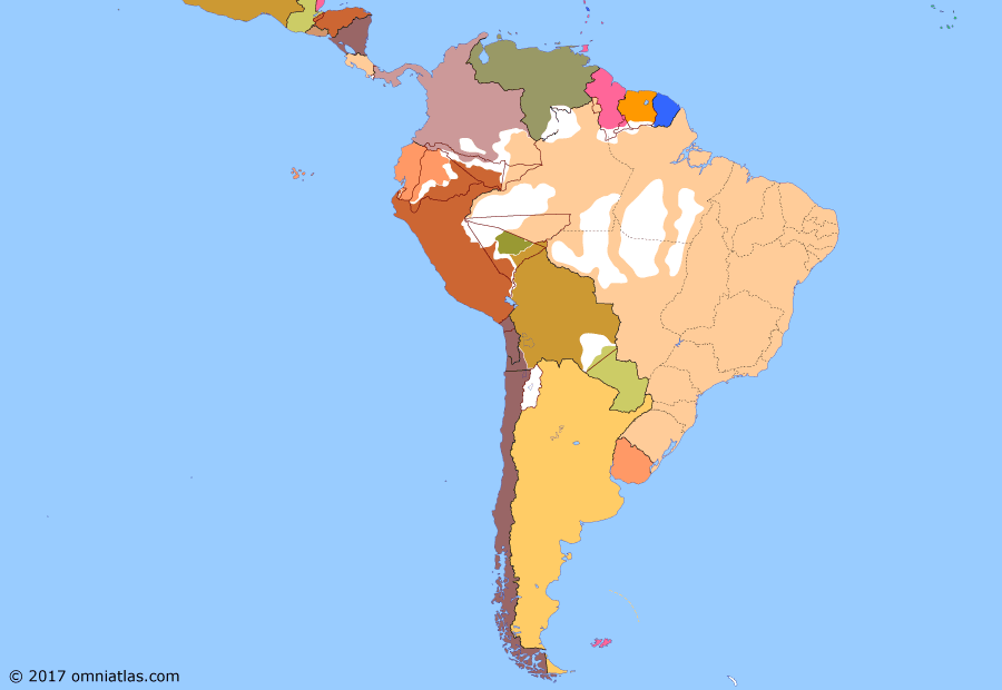 Political map of South American nations on 17 Jan 1903 (Border disputes and the Powers: Second Venezuela Crisis), showing the following events: Second Acrean Revolution; Counani Award; Hay-Pauncefote Treaty; Pacts of May; Third Acrean Revolution; Second Venezuela Crisis; Bombardment of Fort San Carlos.