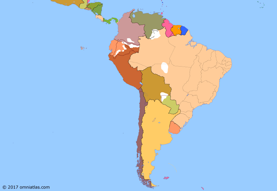 Political map of South American nations on 19 Jul 1918 (Border disputes and the Powers: South America in the Great War), showing the following events: Bombardment of Papeete; Battle of Coronel; Battle of the Falkland Islands; Battle of Más a Tierra; Muñoz Vernaza-Suárez Treaty; US declaration of war on Germany; Central America enters WWI; Brazil enters World War I; October Revolution.