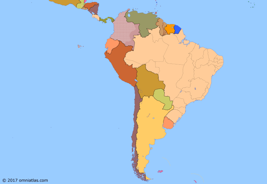 Political map of South American nations on 30 Jul 1970 (Pax Americana: Exporting the Revolution), showing the following events: Panama Riots; Outbreak of Colombian conflict; Inter-American Peace Force; Tupamaros; Guyana independent; Ñancahuazú Guerrilla; Barbados independent; Football War; Montoneros; Ejército Revolucionario del Pueblo.