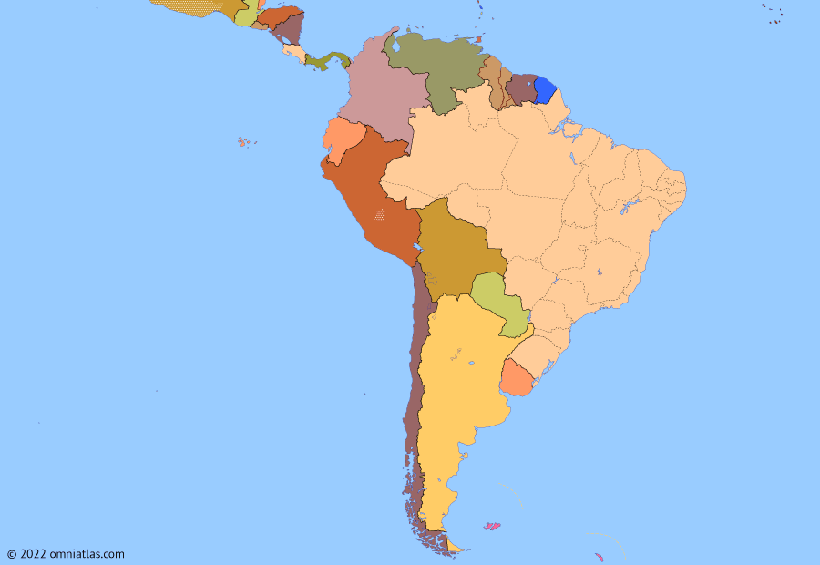 Political map of South American nations on 15 Jan 2021 (Pax Americana: South America Today), showing the following events: ALBA nations leave TIAR; Colombian peace process; Crisis of Bolivarian Venezuela; Conservative Wave; COVID-19 in South America.