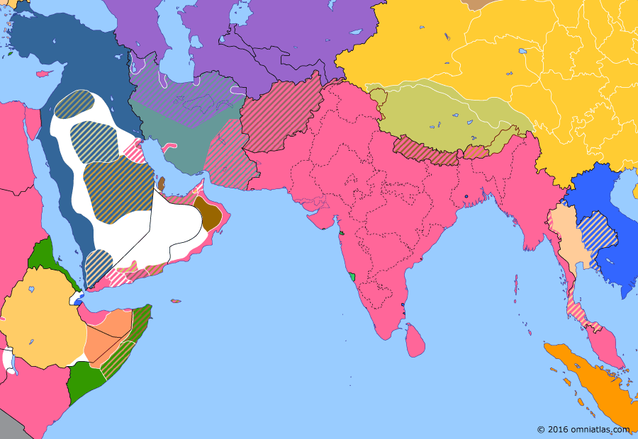 Political map of South & Southwest Asia on 03 Jul 1914 (Pax Britannica: Simla Accord), showing the following events: Ratification of Treaty of Daan; Violet Line; Ottoman-Saudi Treaty; Simla Accord.