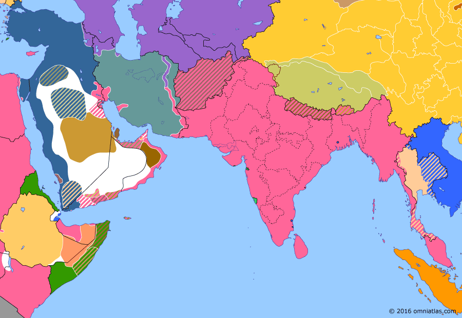 Political map of South & Southwest Asia on 14 Sep 1915 (The Great War in the Middle East: Niedermayer-Hentig Expedition), showing the following events: Italian entry into WWI; Niedermayer-Hentig Expedition; British occupation of Kamaran; East Persian Cordon; Capture of Lahij.