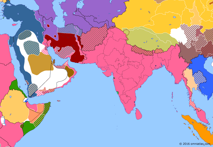 Political map of South & Southwest Asia on 21 May 1916 (The Great War in the Middle East: Russian invasion of Anatolia), showing the following events: Erzurum Offensive; Kermanshah Offensive; Formation of South Persia Rifles; Qavam Restoration; Restoration of Republic of China; Sykes-Picot Agreement; Departure of Niedermayer-Hentig Expedition.