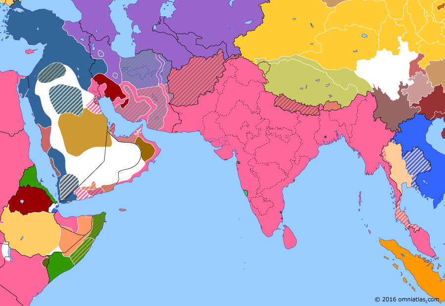 Political map of South & Southwest Asia on 30 Nov 1916 (The Great War in the Middle East: Pacification of South Persia), showing the following events: March of the South Persia Rifles; Battle of Romani; Zewditu’s overthrow of Iyasu; British protectorate over Qatar.