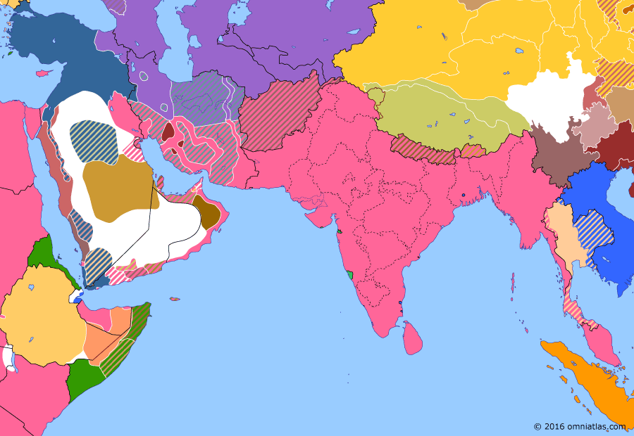 Political map of South & Southwest Asia on 07 Nov 1917 (The Fall of the Ottoman Empire: Russian Revolution), showing the following events: Entry of China into World War I; Balfour Declaration; October Revolution.