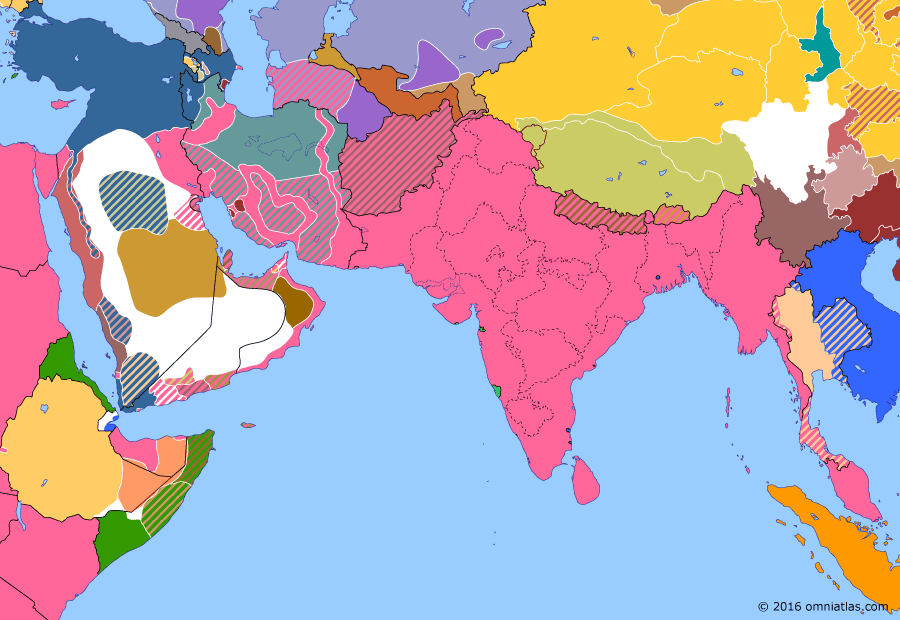 Political map of South & Southwest Asia on 16 Aug 1918 (The Fall of the Ottoman Empire: Dunsterforce), showing the following events: Transcaspian Government; Malleson mission; Dunsterforce arrives in Baku.