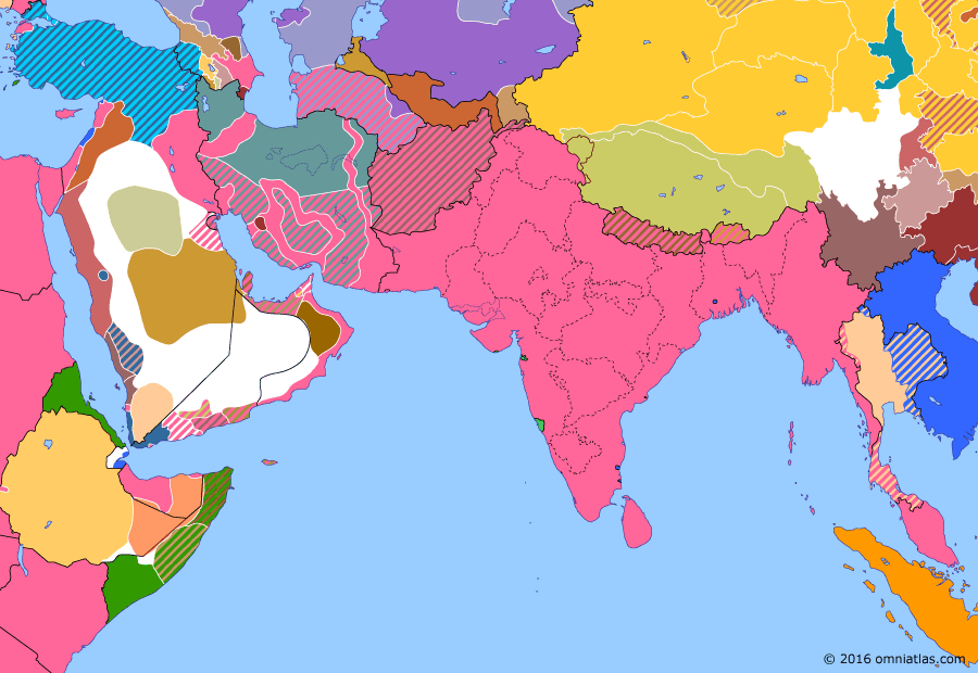 Political map of South & Southwest Asia on 18 Nov 1918 (The Fall of the Ottoman Empire: Occupation of Constantinople), showing the following events: Armistice of Compiègne; Occupation of Constantinople; Annulment of Brest-Litovsk; British occupation of Baku.