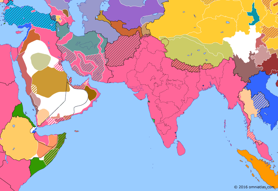 Political map of South & Southwest Asia on 13 Apr 1919 (Anglo-French Overreach: Amritsar Massacre), showing the following events: French occupation of Cilicia; Surrender of Medina; Egyptian Revolution of 1919; British withdrawal from Transcaspian region; Rowlatt Act; Amritsar Massacre.