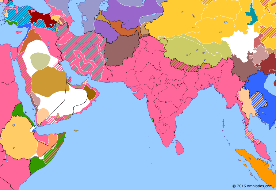 Political map of South & Southwest Asia on 09 Aug 1919 (Anglo-French Overreach: Anglo-Persian Agreement), showing the following events: Treaty of Versailles; Erzurum Congress; Anglo-Persian Agreement.