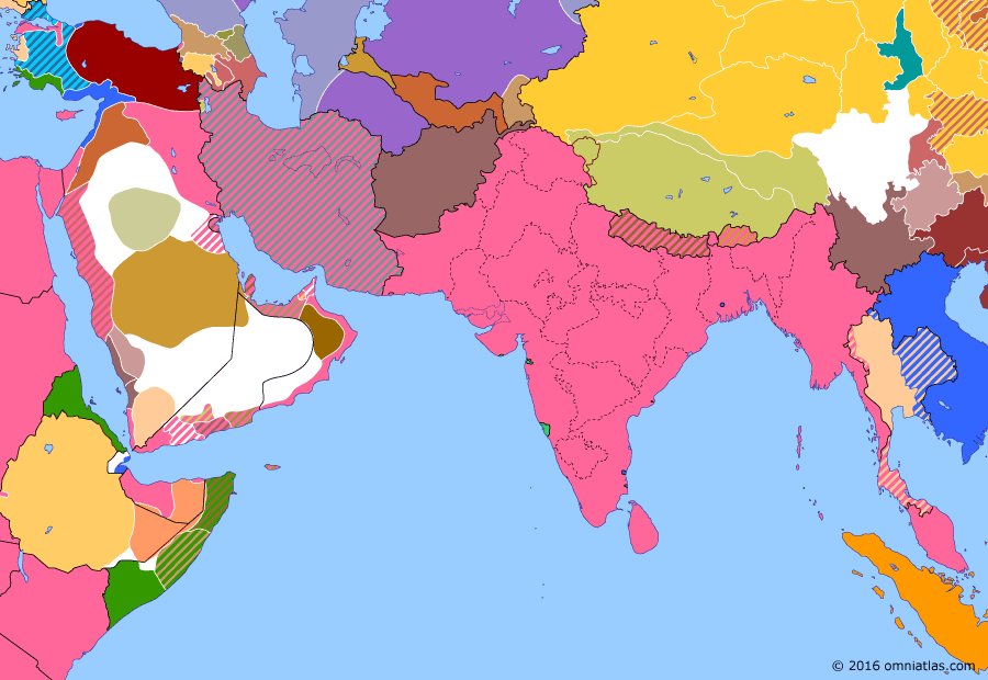 Political map of South & Southwest Asia on 27 Dec 1919 (Anglo-French Overreach: Turkish War of Independence), showing the following events: British withdrawal from Baku; Sivas Congress; Khilafat Movement; Fall of Omsk; Outbreak of Franco-Turkish War; Treaty of Neuilly-sur-Seine.